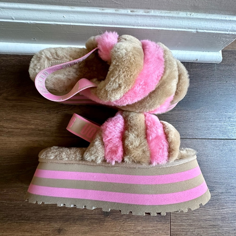 UGG DISCO SLIDE CHESTNUT PINK ROSE COMBO SLIPPERS SIZE 6 WOMEN’S